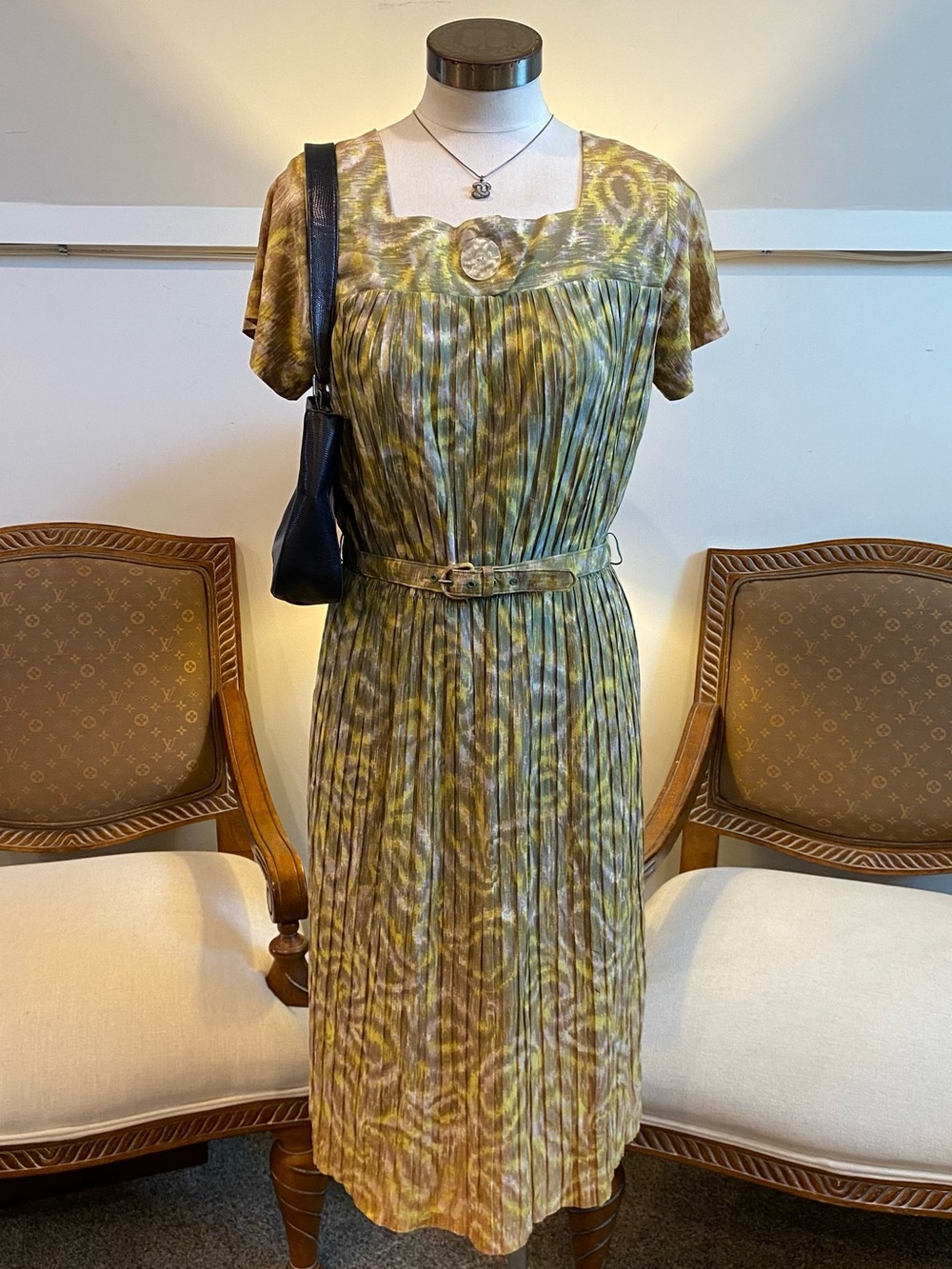 VTG 60s 70s Mynette Pleated Abstract Mid-Century Mod Shift Midi Dress 10 W/ Belt